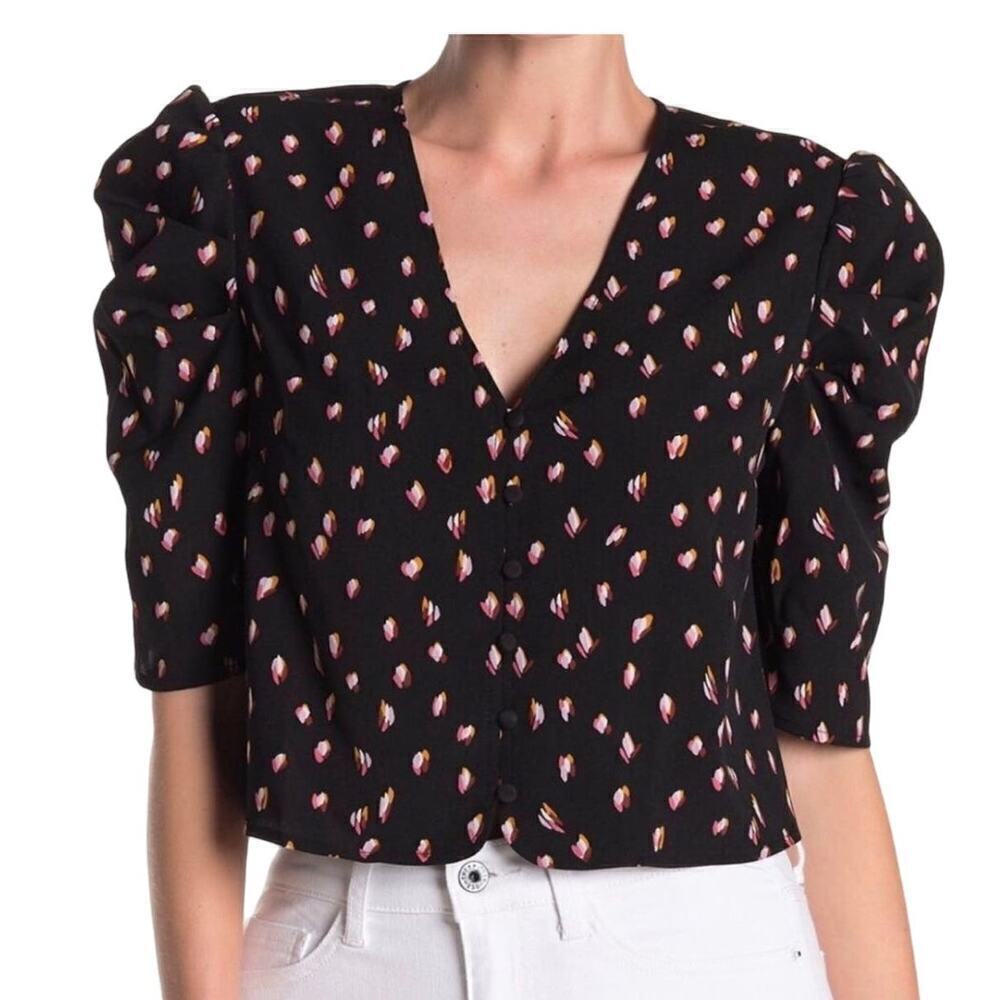 NEW Free Press Size XL Printed Black Cropped Puff Sleeve Top